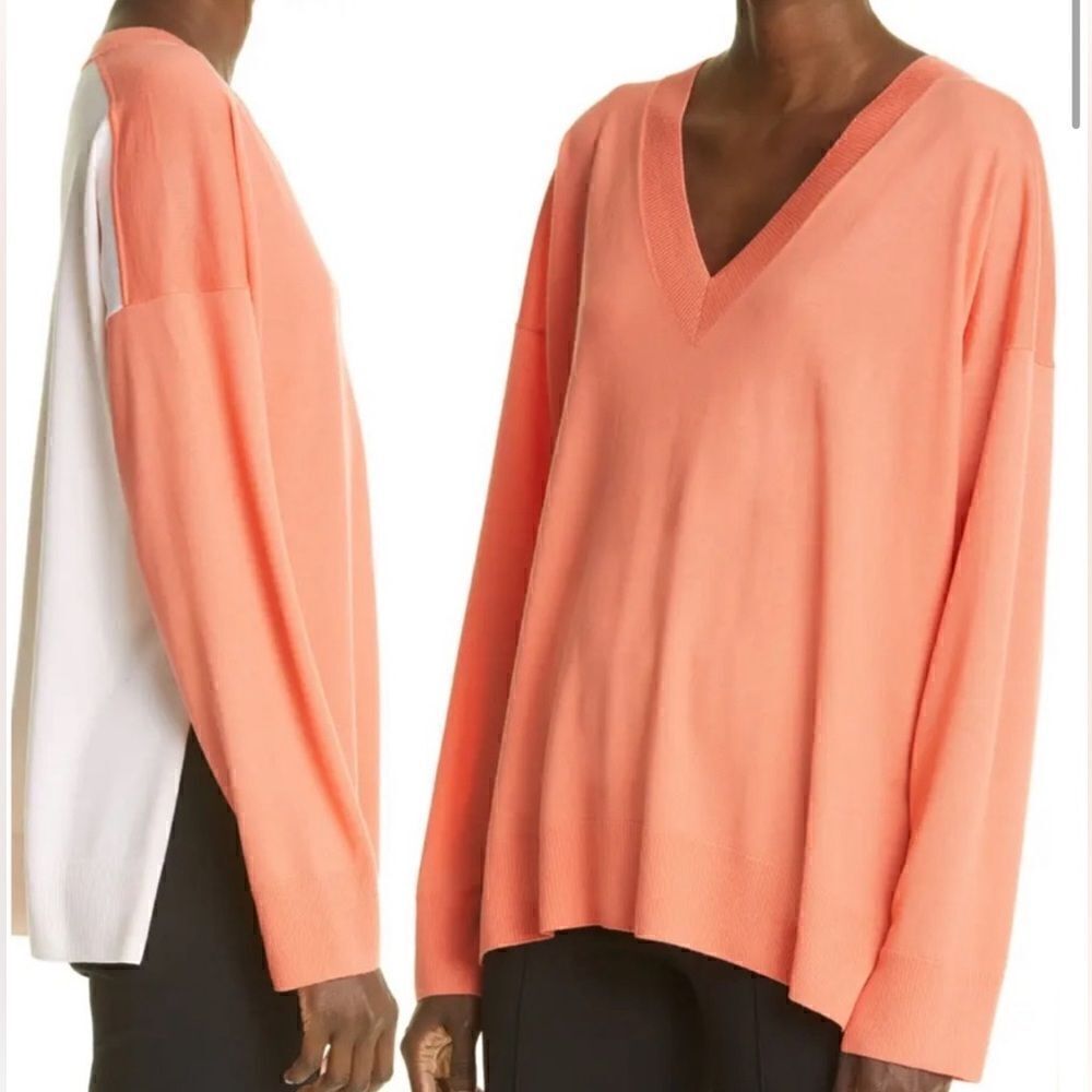St. John Knits Womens Pink Orange Contrast Back Wool Vneck Sweater Size M